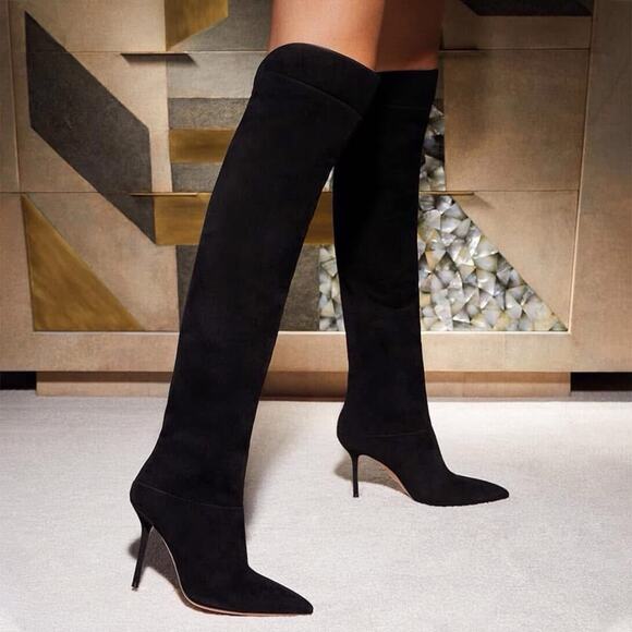 Aquazzura Black Suede Lancaster Over The Knee Boots Stiletto Pointy Toe 39 - Picture 1 of 14
